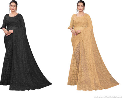 Nilkanthvarni Creation Self Design Bollywood Net Saree(Pack of 2, Black, Beige)