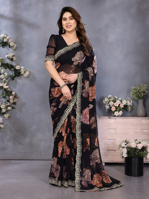 TTH Floral Print, Embroidered Bollywood Georgette Saree(Orange, Pink, Black)