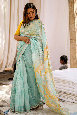 Moda Rapido Digital Print Bollywood Cotton Linen Saree(Light Green)