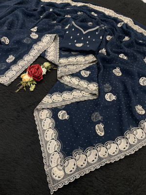 Dk Trendz Embroidered Bollywood Organza Saree(Dark Blue)