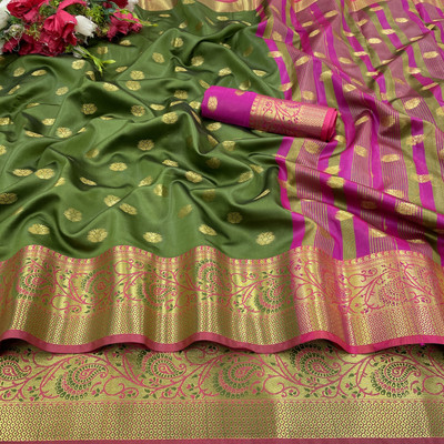 KANGLI Woven Banarasi Cotton Silk Saree(Green, Pink)
