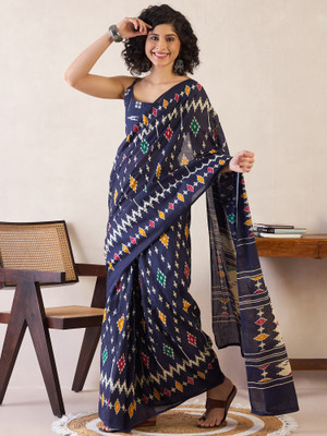 Tasrika Printed Pre Draped Saree Cotton Blend Saree(Dark Blue)