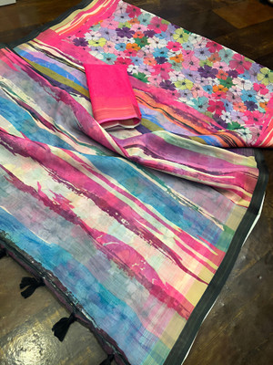 Marabout Digital Print Bollywood Cotton Linen Saree(Pink)