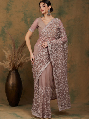 manvaa Embroidered Bollywood Net Saree(Beige)
