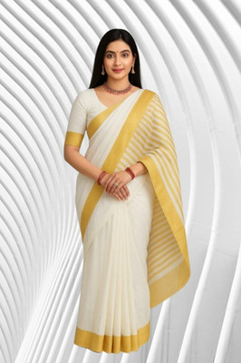 SHRISAREEESa Striped Bollywood Pure Cotton Saree(White)