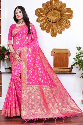 ALMEDA Woven Kanjivaram Silk Blend, Jacquard Saree(Pink)