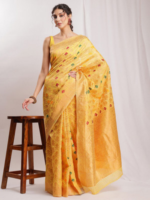 Janasya Woven Banarasi Cotton Linen Saree(Yellow)