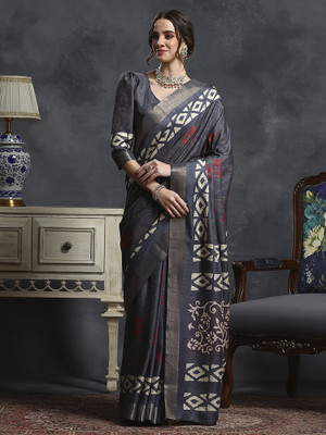 Divastri Printed Madurai Silk Blend Saree(Grey)