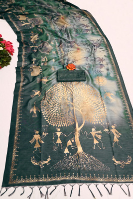 K 5 FASHION Digital Print, Floral Print Bollywood Cotton Silk Saree(Dark Green)