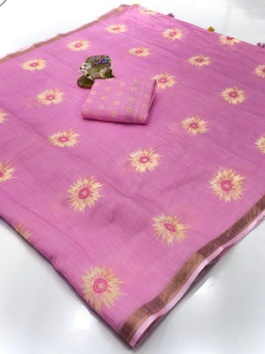 SDGRATITUDE Floral Print Bollywood Linen, Cotton Linen Saree(Pink)