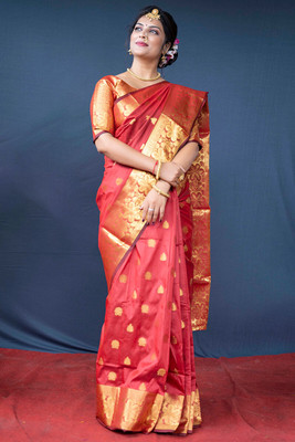 GK Textiles Woven Banarasi Silk Blend Saree(Red)