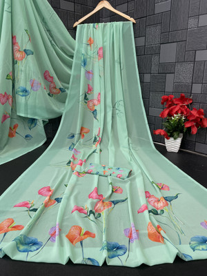 Jumki Fashion Floral Print, Printed Bollywood Georgette Saree(Light Green)