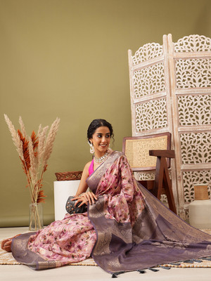 Divastri Digital Print Banarasi Cotton Blend Saree(Pink)