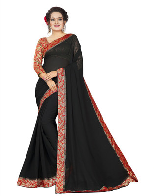 KEYU FASHION Solid/Plain Bollywood Chiffon Saree(Black)