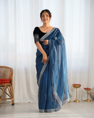 HouseOfCommon Solid/Plain Bollywood Net Saree(Blue)