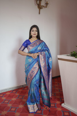 Keswi Fab Printed Banarasi Jacquard, Pure Silk Saree(Light Blue)