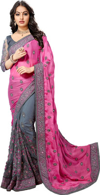 G JELLY FASHION TREE Embroidered Bollywood Net, Art Silk Saree(Pink, Grey)