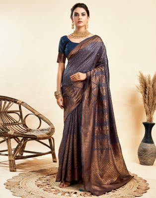 Samah Woven, Self Design Kanjivaram Silk Blend Saree(Dark Blue, Brown)