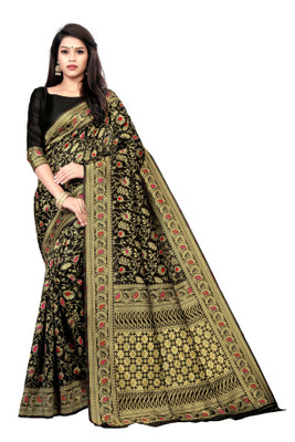 Shubh Mangalam Creation Floral Print Banarasi Silk Blend Saree(Black)