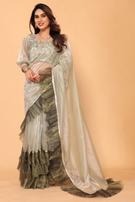 MYSTERY BOX Solid/Plain, Embellished, Embroidered Bollywood Net Saree(Green, Beige)