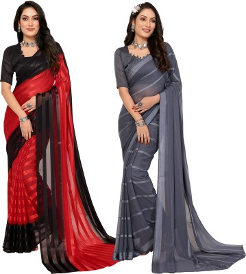 Anand Sarees Striped Bollywood Satin Saree(Pack of 2, Black, Red, Grey)