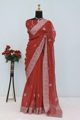 RIDDHISIDDHI NX Embroidered Bollywood Organza Saree(Red)