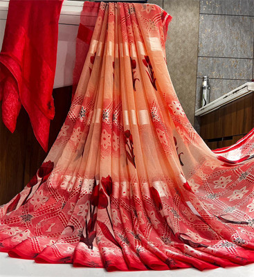 Bombey Velvat Fab Printed Pochampally Chiffon, Georgette Saree(Red)