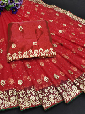 MAHADEV Self Design, Embroidered Bollywood Net Saree(Red)