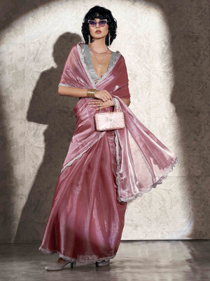 Mangukiya creation Solid/Plain Bollywood Tissue, Silk Blend Saree(Silver, Pink)