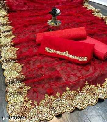 SkyFlock Embellished Bollywood Net Saree(Red)