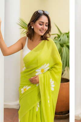 VAANMITRA Printed, Floral Print Daily Wear Handloom Cotton Linen Saree(Light Green)