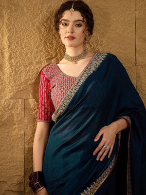 ANOUK Embroidered Bollywood Silk Blend Saree(Dark Blue)