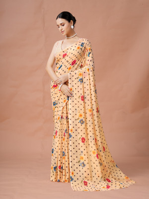 GARDEN VARELI Printed Bollywood Georgette Saree(Beige)