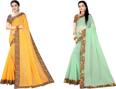 manish Printed Chanderi Cotton Blend Saree(Pack of 2, Yellow, Light Green)