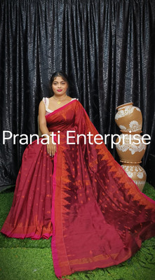 PRANATI ENTERPRISE Temple Border Tant Cotton Silk Saree(Maroon)