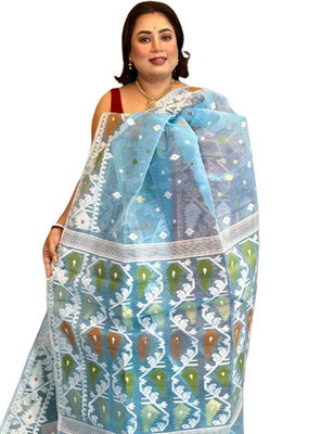 SP Boutique Woven Jamdani Cotton Silk Saree(Light Blue)