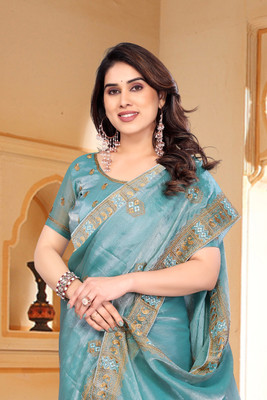 KHRITI FAB Woven Bollywood Jimmy choo Saree(Light Blue)
