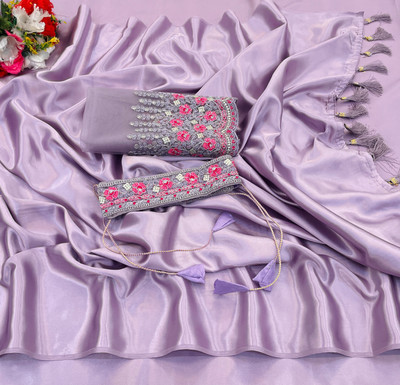 Zari and Ziba Solid/Plain Bollywood Chiffon Saree(Purple)