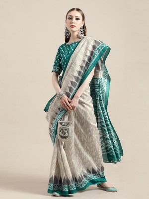 ANOUK Printed Ikkat Silk Blend Saree(White)