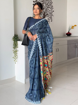 Sareemall Printed Hand Batik Cotton Blend Saree(Dark Blue)
