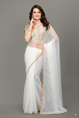 AreWah Embroidered Bollywood Net Saree(White)