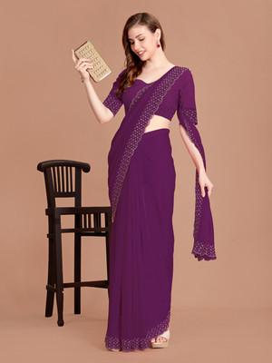 Georgette Saree Dyed, Embellished, Floral Print, Self Design, Temple Border, Woven Bollywood Georgette Saree(Purple)
