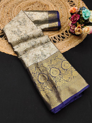 ALPENIKA Woven Kanjivaram Pure Silk Saree(Dark Blue, Gold)