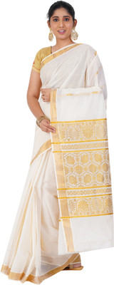 RSV FABRICS Embroidered Kasavu Cotton Blend Saree(Beige)