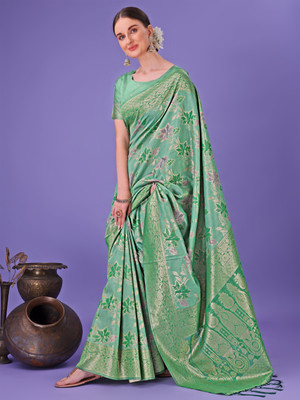 Tasrika Woven Kanjivaram Cotton Silk Saree(Green)