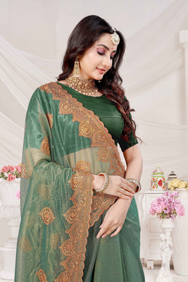 b bella creation Embroidered Bollywood Organza, Net Saree(Green, Multicolor)