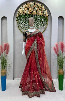 Divastri Embroidered Bollywood Net Saree(Red)