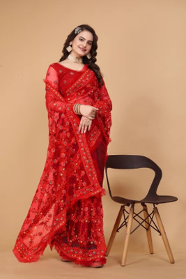 A To Z Cart Embroidered Bollywood Net Saree(Red)