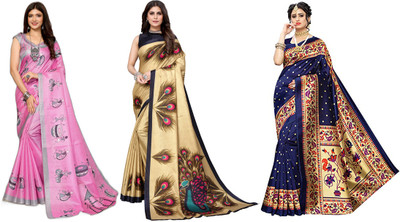 Nirvaan Printed, Woven Mysore Art Silk Saree(Pack of 3, Pink, Gold, Dark Blue)