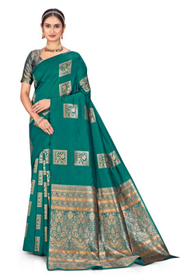 BuyNests Woven, Paisley, Self Design Kanjivaram Silk Blend Saree(Dark Green)